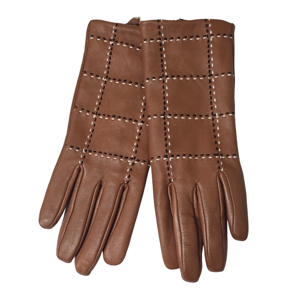 Charter Club Womens Brown Leather Faux Fur Lined Grid Stitch Gloves Size M NWT